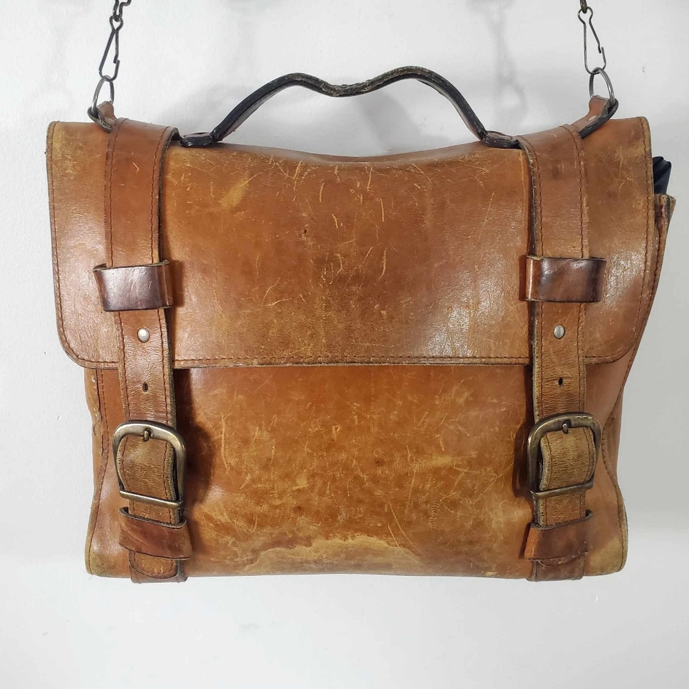 Handmade Vintage Genuine Brown Goat Leather Crossbody Men's Messenger Bag - Picture 2 of 13